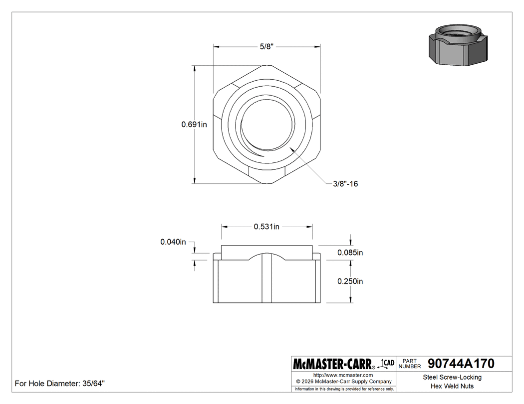 Technical Drawing of Steel Screw-Locking Hex Weld Nuts, 3/8"-16 Thread Size, 5/8" Wide.